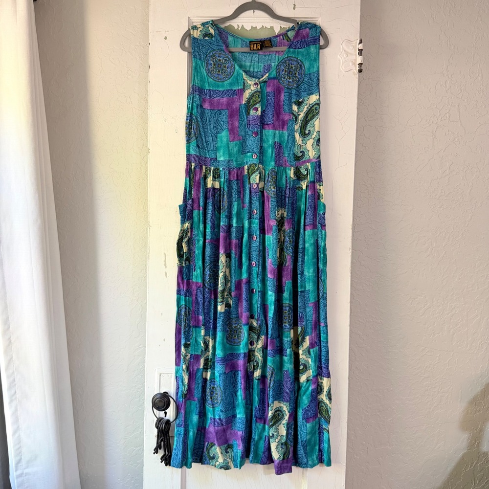 Bila Vintage Style Paisley Patchwork Rayon Maxi Dress Teal Purple Small